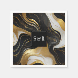 Monogram Faux Goud, Zwart & Wit Marmered Wedding Servet