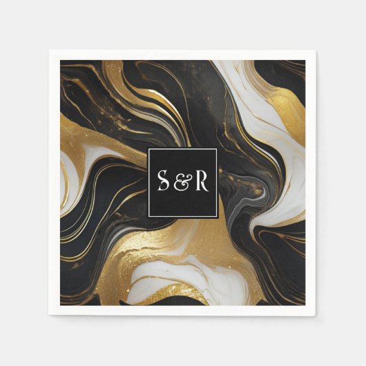 Monogram Faux Goud, Zwart & Wit Marmered Wedding Servet (Voorkant)