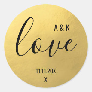 Monogram Faux Gouden Folie LIEFDE Script Zwart Bru Ronde Sticker