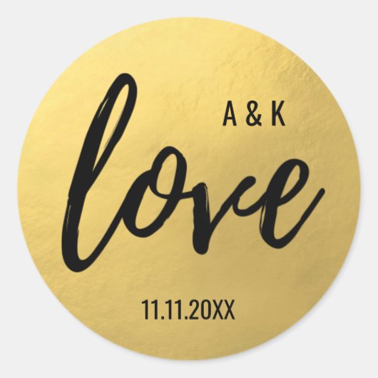 Monogram Faux Gouden Folie LIEFDE Script Zwart Bru Ronde Sticker (Voorkant)