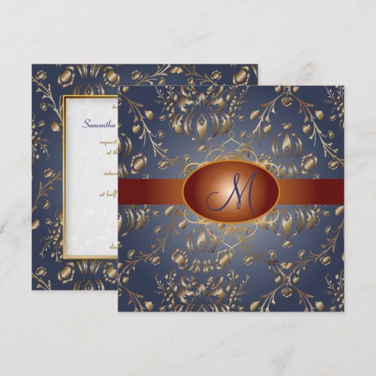 Monogram faux koperen demask/marine blue kaart (Voorkant / Achterkant)