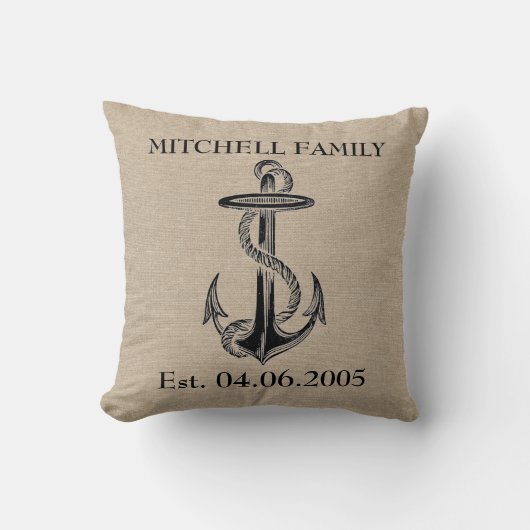 Monogram faux linen burlap rustic anchor strand kussen (Voorkant)