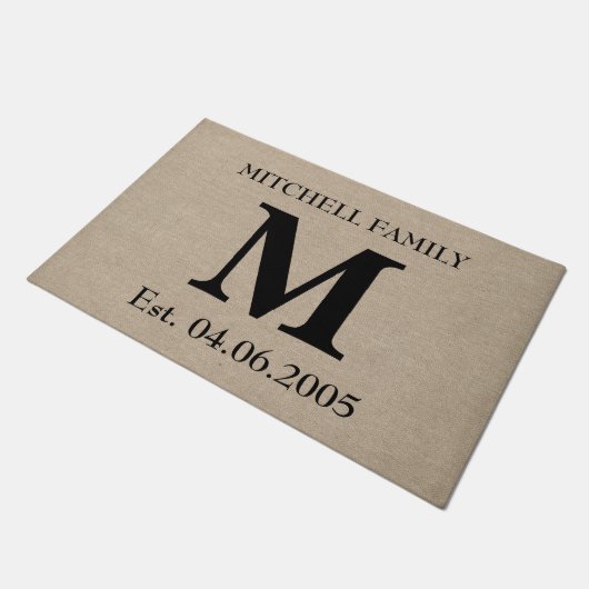 Monogram faux linen burlap rustige initiaal bruilo deurmat (Schuin)