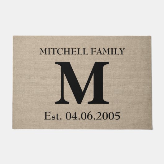 Monogram faux linen burlap rustige initiaal bruilo deurmat (Voorkant)