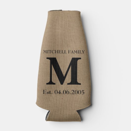Monogram faux linen burlap rustige initiaal bruilo flesjeskoeler (Voorkant)