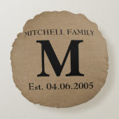 Monogram faux linen burlap rustige initiaal bruilo rond kussen (Voorkant)