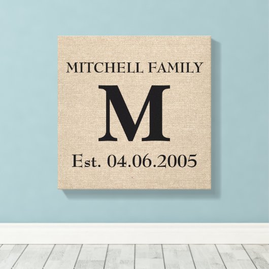 Monogram faux linen burlap rustige initiaal canvas afdruk (Insitu (Houten vloer))