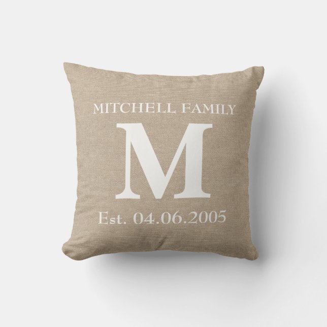 Monogram faux linen burlap rustige initiaal kussen (Voorkant)