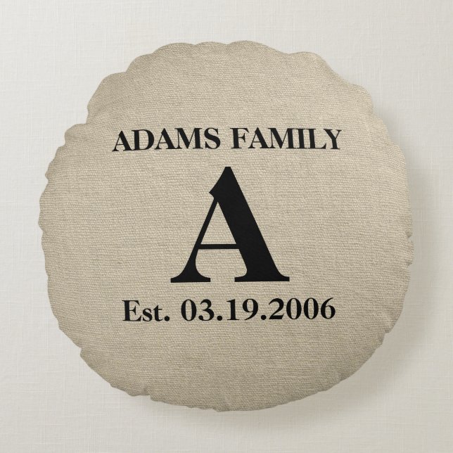Monogram faux linen burlap rustige initiaal rond kussen (Voorkant)