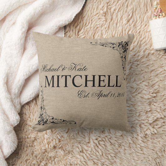 Monogram faux linen burlap rustige namen bruiloft kussen (Deken)