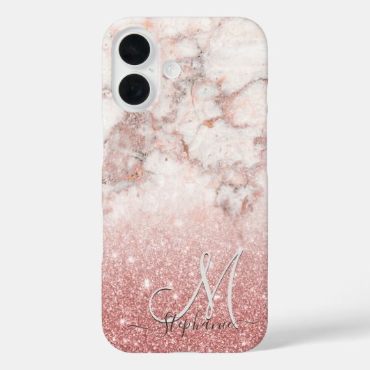 Monogram Faux Roos Gold Glitter White Marble Ombre Case-Mate iPhone Case (Achterkant)