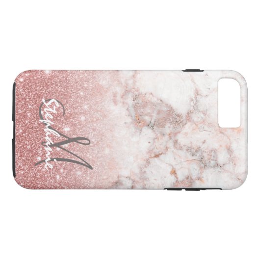 Monogram Faux Roos Gold Glitter White Marble Ombre Case-Mate iPhone Case (Achterkant (Horizontaal))