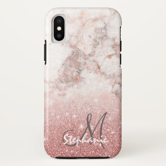 Monogram Faux Roos Gold Glitter White Marble Ombre Case-Mate iPhone Case (Achterkant)