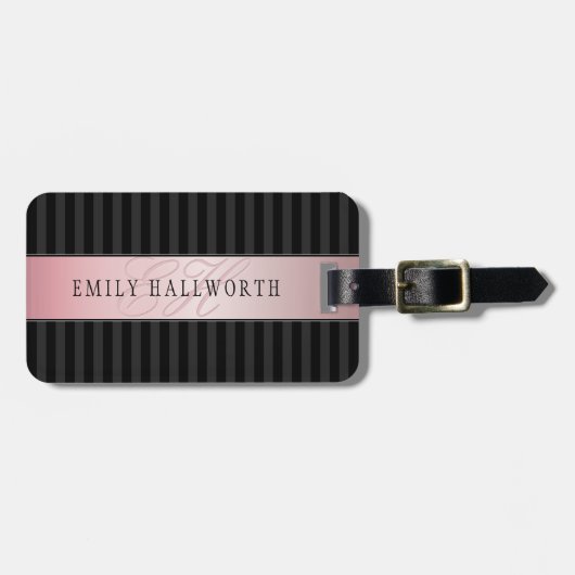 Monogram Faux Roos Gold | Zwarte & Grijze Strepen Bagagelabel (Voorkant horizontaal)
