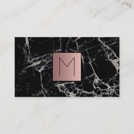 Monogram Faux roos gouden folie op zwart marmer Visitekaartje (Voorkant)