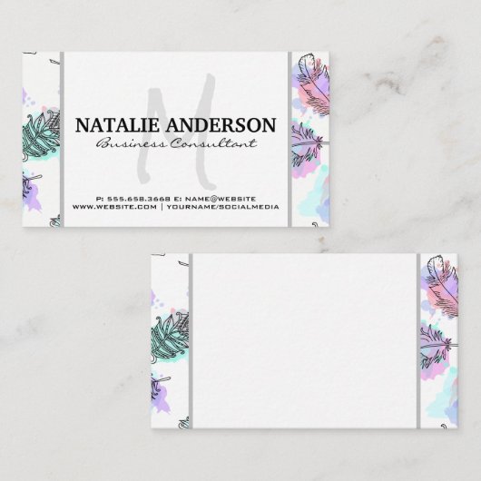 Monogram | Feathers Boho Pattern Visitekaartje (Voorkant / Achterkant)