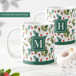 Monogram, feestelijk groen en Holly Green Red Koffiemok