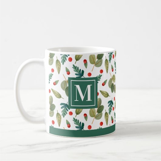 Monogram, feestelijk groen en Holly Green Red Koffiemok (Links)