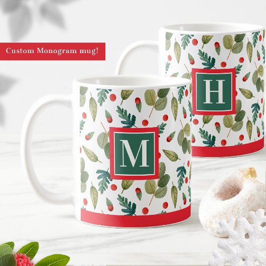 Monogram, Feestelijk groen en Holly, Rood groen Koffiemok