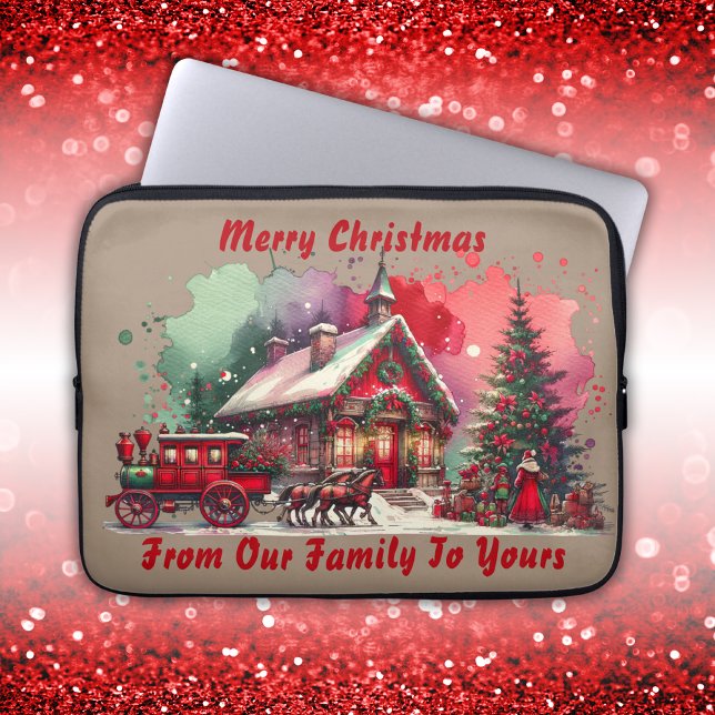 Monogram Feestelijke Vintage Kerst op bruin | Laptop Sleeve (Creator heeft geüpload)