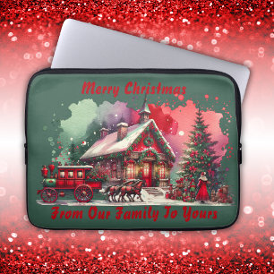 Monogram Feestelijke Vintage Kerst op groen Laptop Sleeve