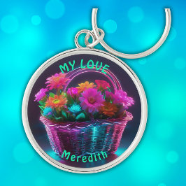 Monogram felgekleurde bloemen in een mand | sleutelhanger