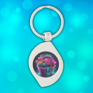 Monogram felgekleurde bloemen in een mand   sleutelhanger