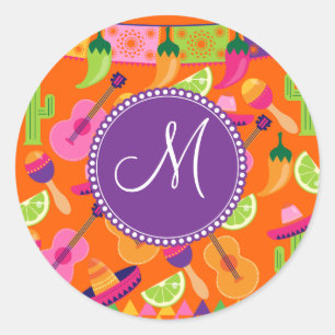 Monogram Fiesta Party Sombrero Cactus Limes Pepper Ronde Sticker