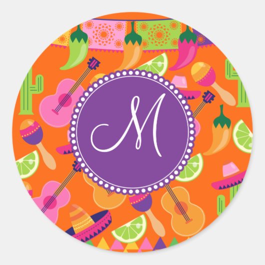 Monogram Fiesta Party Sombrero Cactus Limes Pepper Ronde Sticker (Voorkant)
