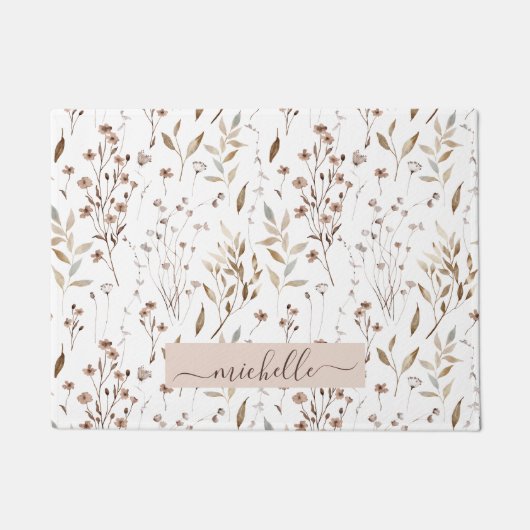Monogram Fijne Waterverf Bruine Bloemen Bladeren Deurmat (Voorkant)