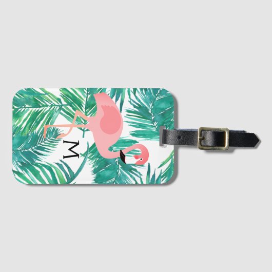 Monogram flamingo ontwerp op tropische bladeren bagagelabel (Voorkant (horizontaal))