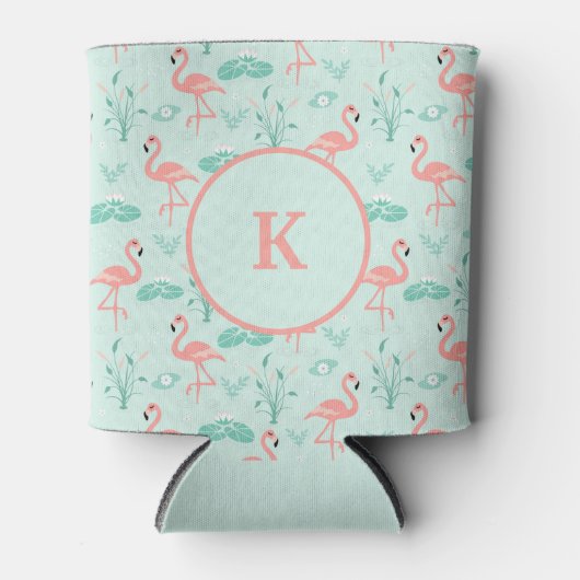 Monogram Flamingo Pink Green Tropical Birds Trendy Blikjeskoeler (Voorkant)