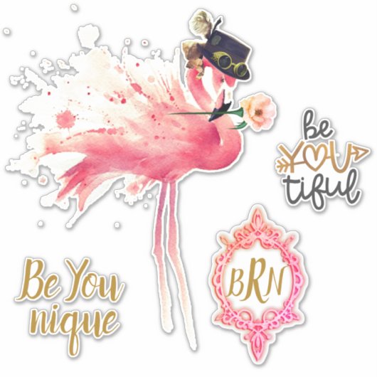 Monogram Flamingo "Wees je verlegen" Steampunk Sticker (Voorkant)