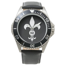 Monogram Fleur De Lis Modern Simple Black & White Horloge