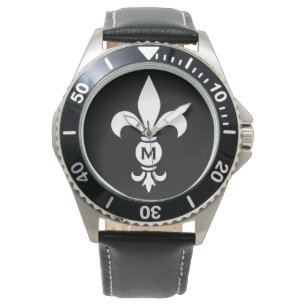 Monogram Fleur De Lis Modern Simple Black & White Horloge