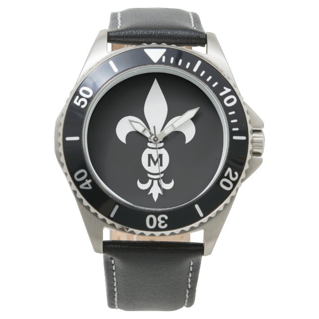 Monogram Fleur De Lis Modern Simple Black & White Horloge (Voorkant)