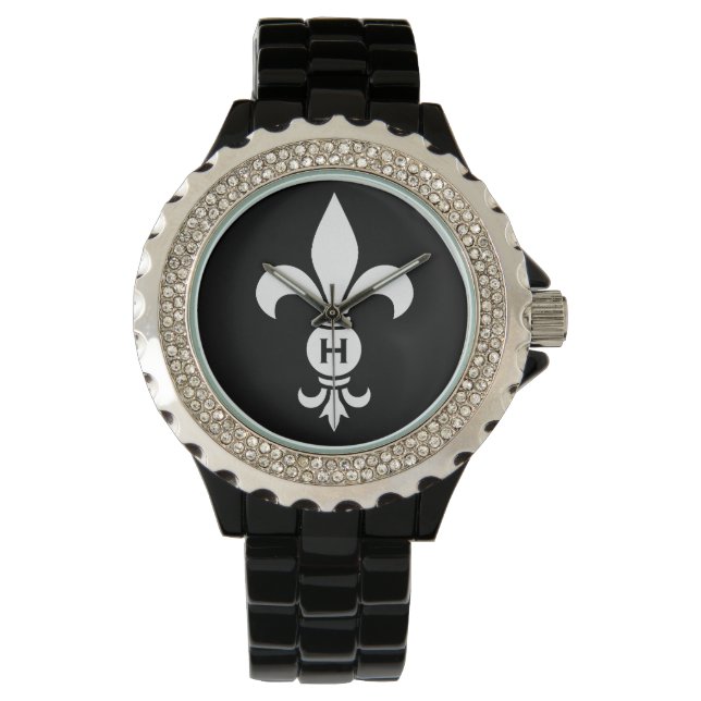 Monogram Fleur De Lis Modern Simple Black & White Horloge (Voorkant)