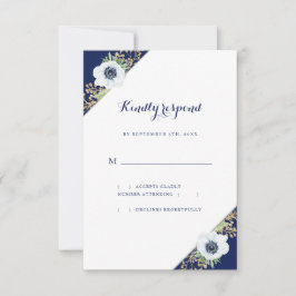 Monogram Floral Anemone Blue White Wedding RSVP Kaartje