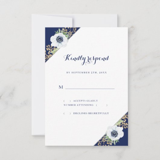 Monogram Floral Anemone Blue White Wedding RSVP Kaartje (Voorkant)
