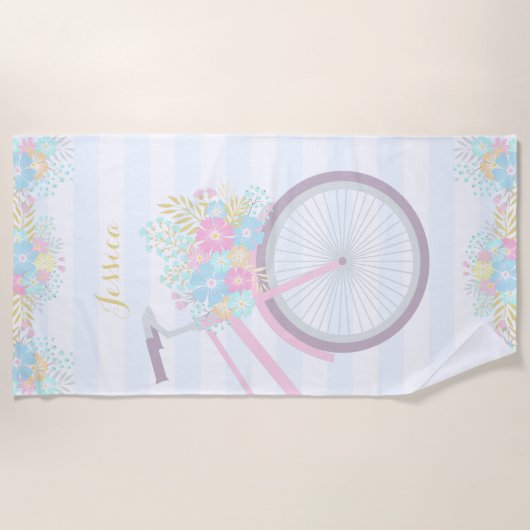 Monogram Floral Bicycle Stripes Pastel Roze Blauw Strandlaken (Voorkant)