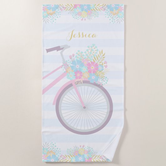 Monogram Floral Bicycle Stripes Pastel Roze Blauw Strandlaken (Voorkant)