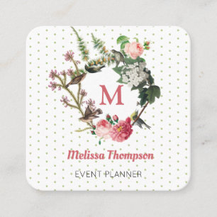 Monogram Floral Bird WreatEvent Planner Vierkante Visitekaartje