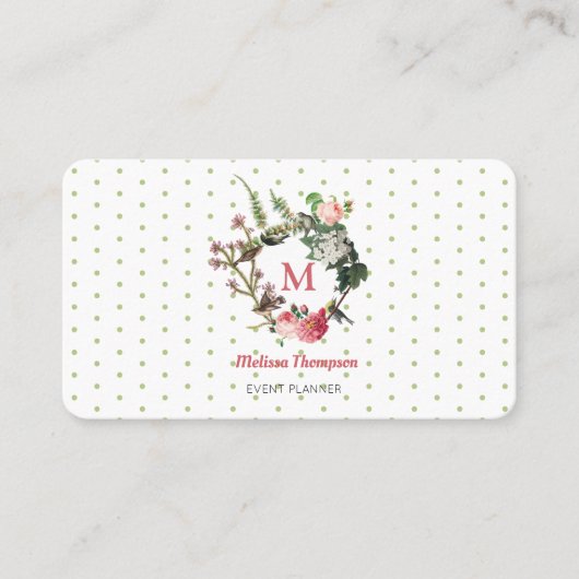 Monogram  Floral Bird WreatEvent Planner Visitekaartje (Voorkant)
