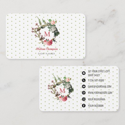 Monogram  Floral Bird WreatEvent Planner Visitekaartje (Voorkant / Achterkant)