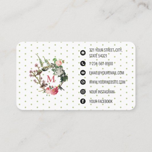 Monogram Floral Bird WreatEvent Planner Visitekaartje (Achterkant)