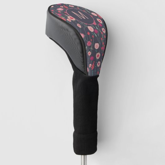 Monogram Floral Black Pink Boho Golfheadcover (Schuin)