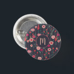 Monogram Floral Black Roze Ronde Button 3,2 Cm<br><div class="desc">boho laat roze schilderij op een donkergrijze achtergrond los. Verander het monogram initiaal om aan te passen.</div>