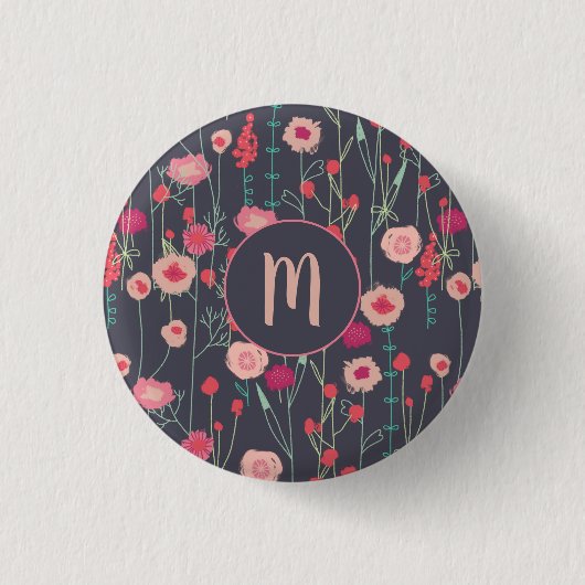 Monogram Floral Black Roze Ronde Button 3,2 Cm (Voorkant)