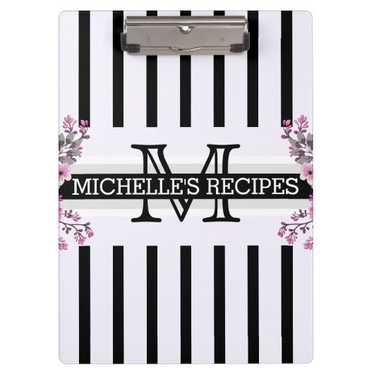 Monogram  Floral Black Stripes Klembord (Voorkant)