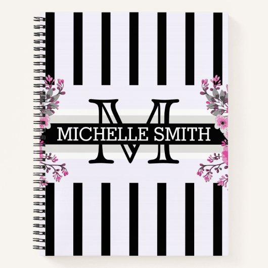 Monogram  Floral Black Stripes Notitieboek (Voorkant)